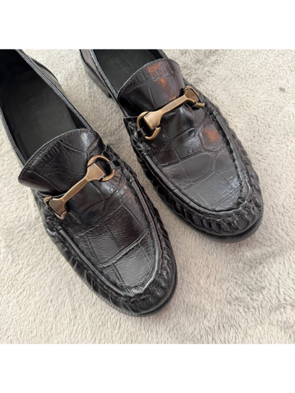 Schutz Evereve Yasmina Croc Embossed Black Leather Penny Loafers 8 Shoes - Picture 2 of 6